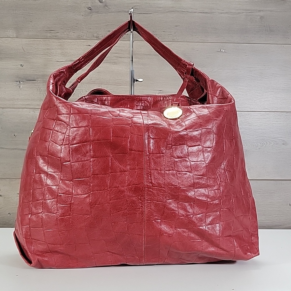 Large Laura Di Maggio Red Croc-Embossed Leather Tote Bag